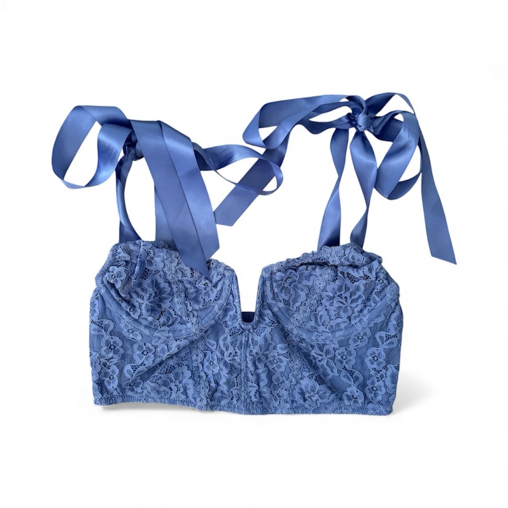 Out From Under Yvonne Blue Lace Ribbon Bow Cropped Corset Sz M